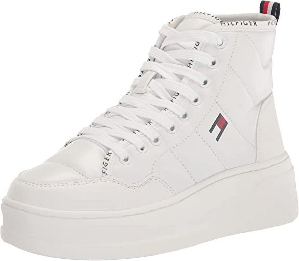 Tommy Hilfiger GEMMY High Top Sneaker White Lace Up Rounded Toe Walking Shoe Bootie (White, 7.5)